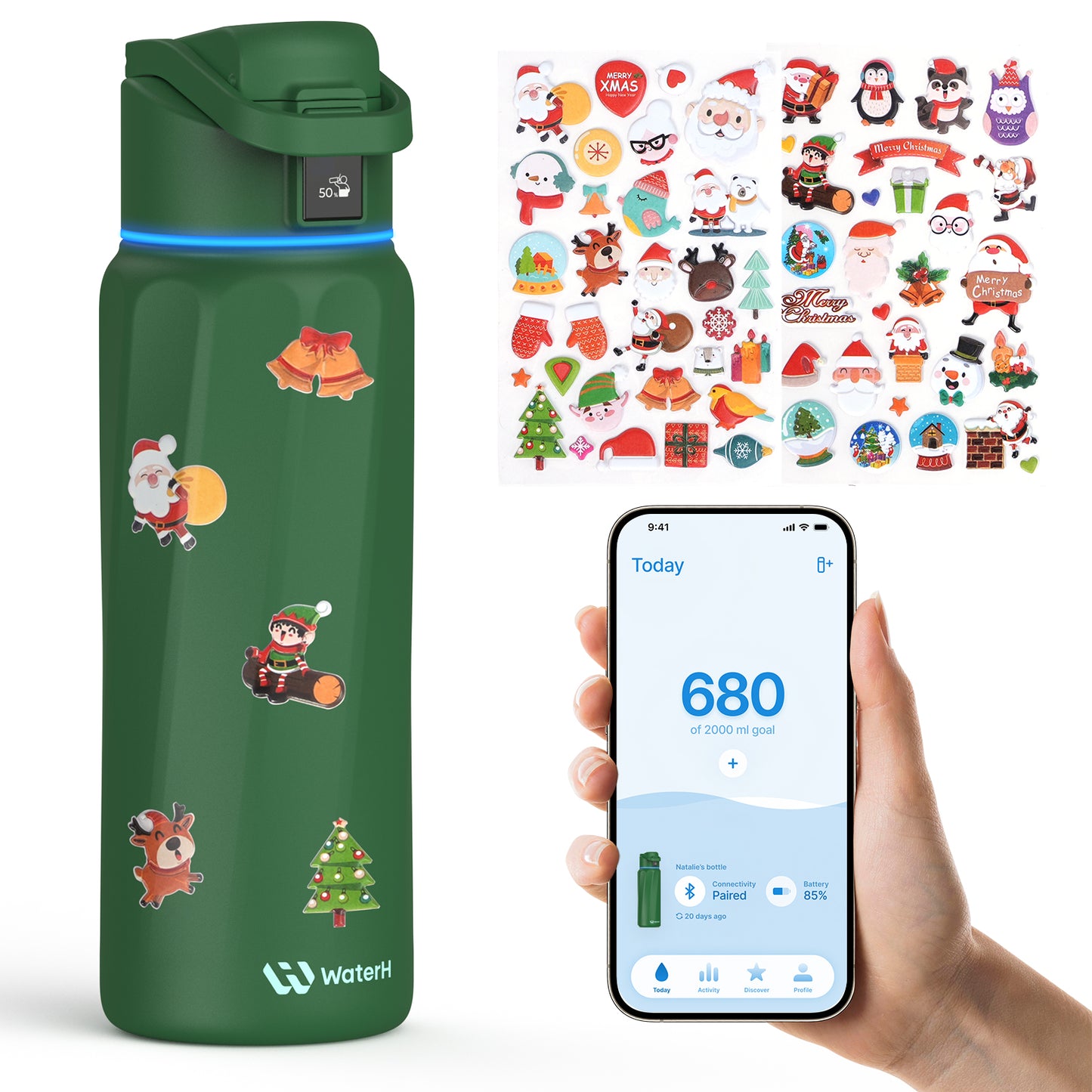 Green water bottle with Christmas-themed stickers and a phone displaying app interface.