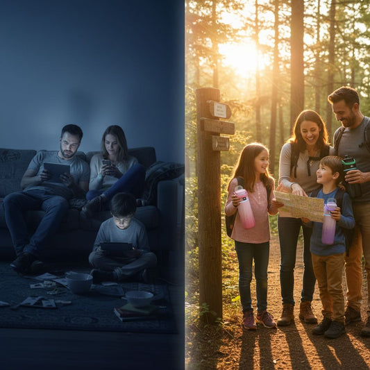 Family digital detox transformation split image showing screen time isolation vs outdoor family bonding with smart water bottles, forest hiking adventure, screen-free activities for families building wellness habits together