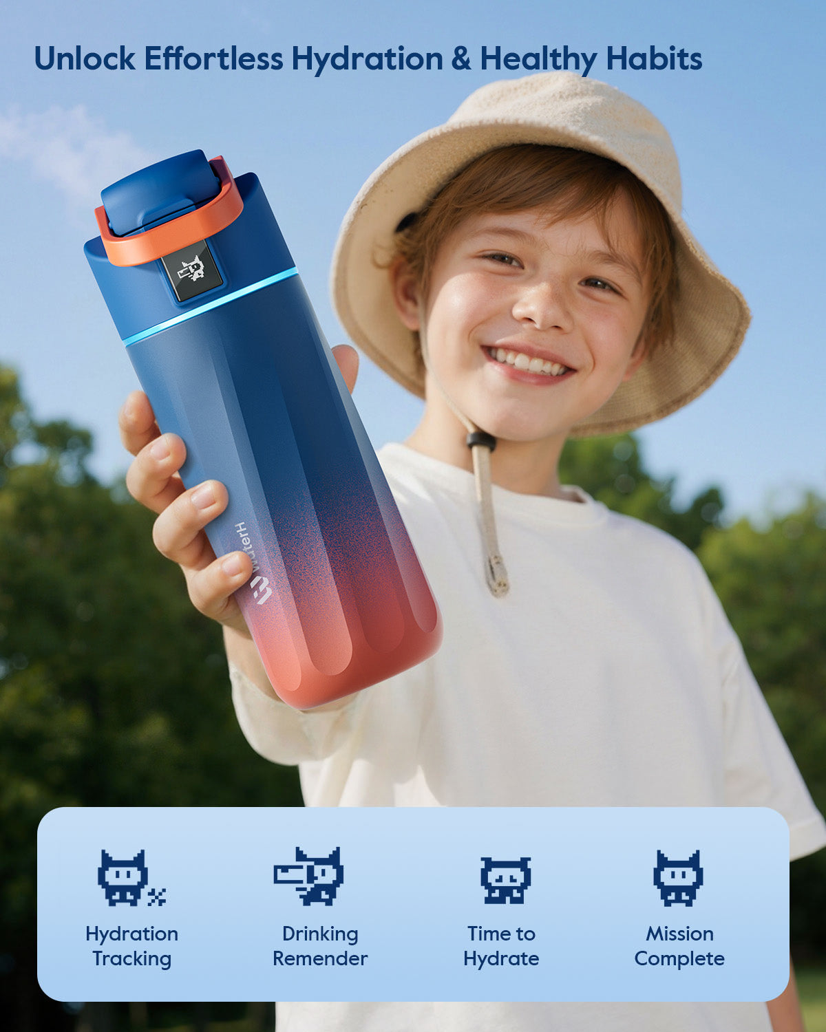 WaterH kids Smart Water Bottle 16oz with Light-Up Reminder & App Rewards