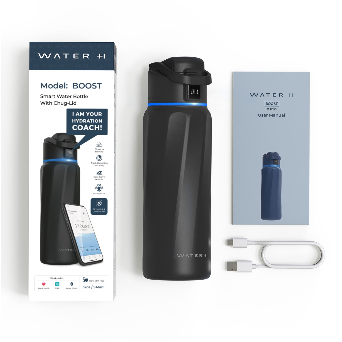 WaterH Boost Smart Water Bottle: 32 oz Hydration Tracker with APP & Temperature Control