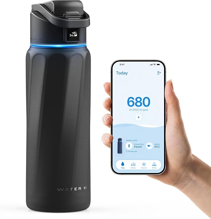 Black water bottle with a smartphone displaying app interface 