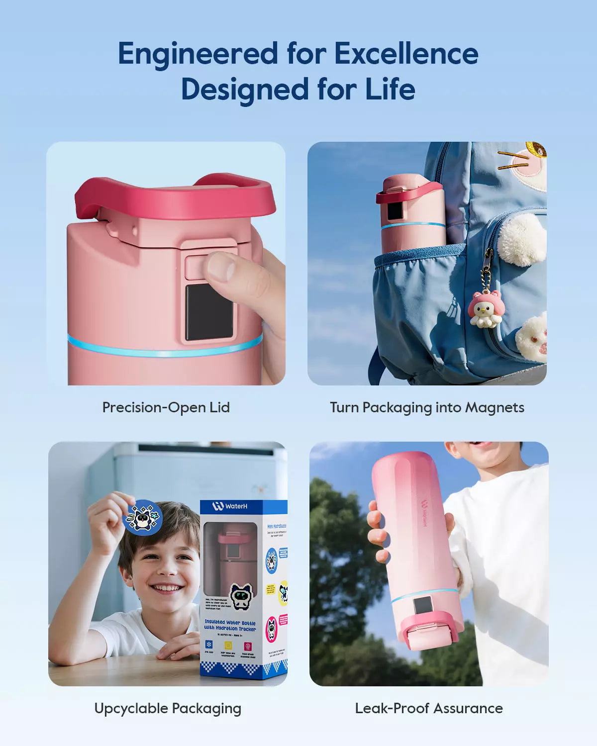 WaterH kids Smart Water Bottle 16oz with Light-Up Reminder & App Rewards