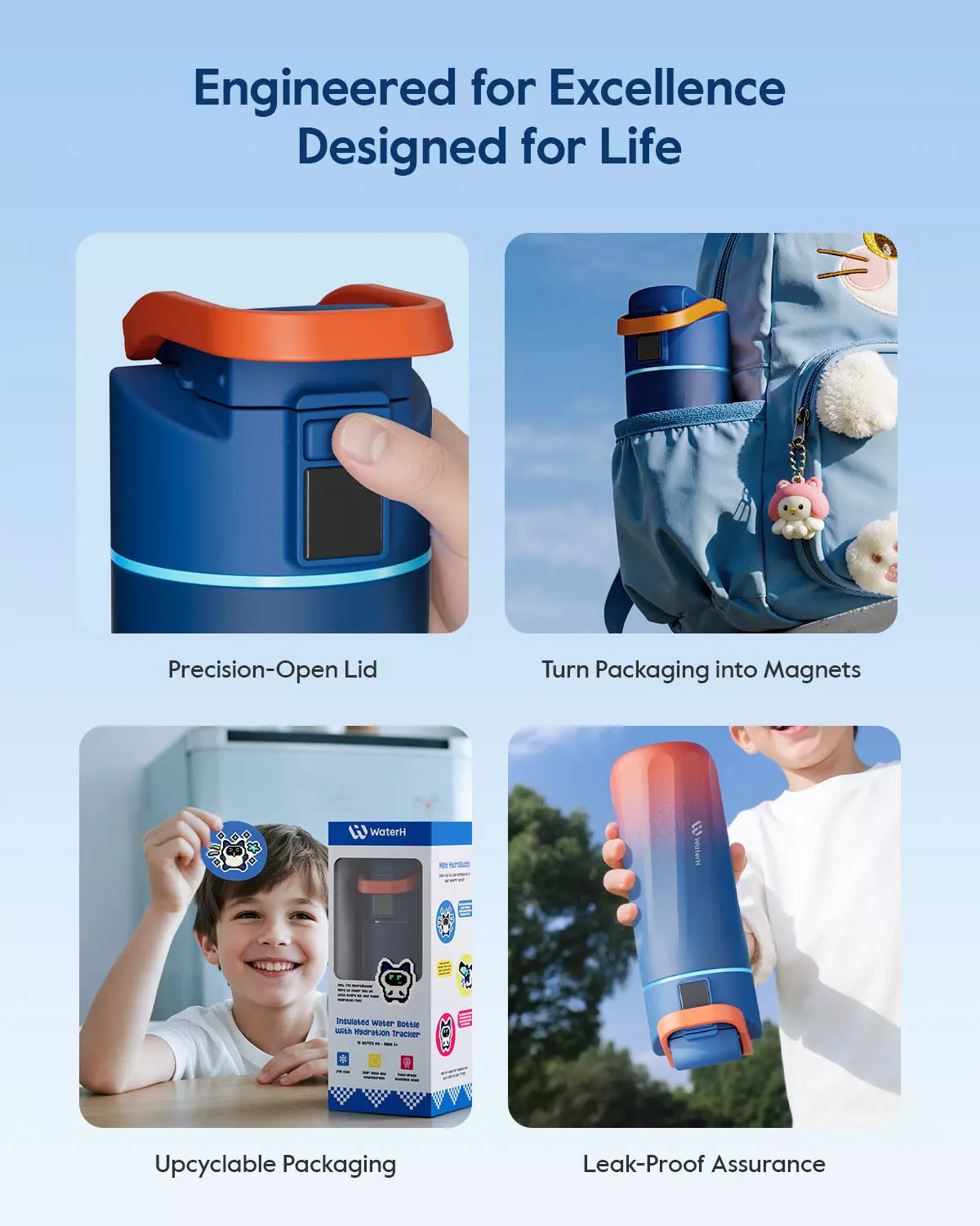 WaterH kids Smart Water Bottle 16oz with Light-Up Reminder & App Rewards