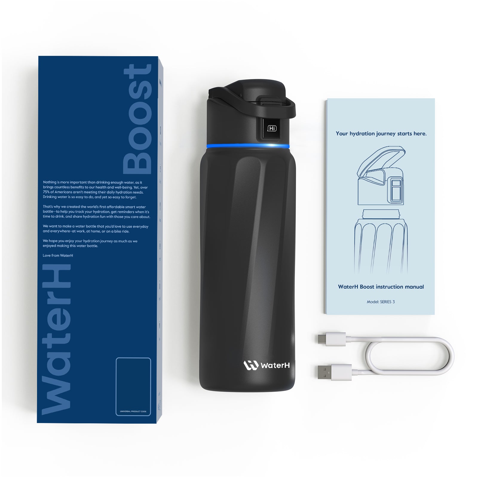 Waterh Boost waterfles - slimme water tracker - dubbelwandig staal Waterh Boost waterfles - slimme water tracker - dubbelwandig staal