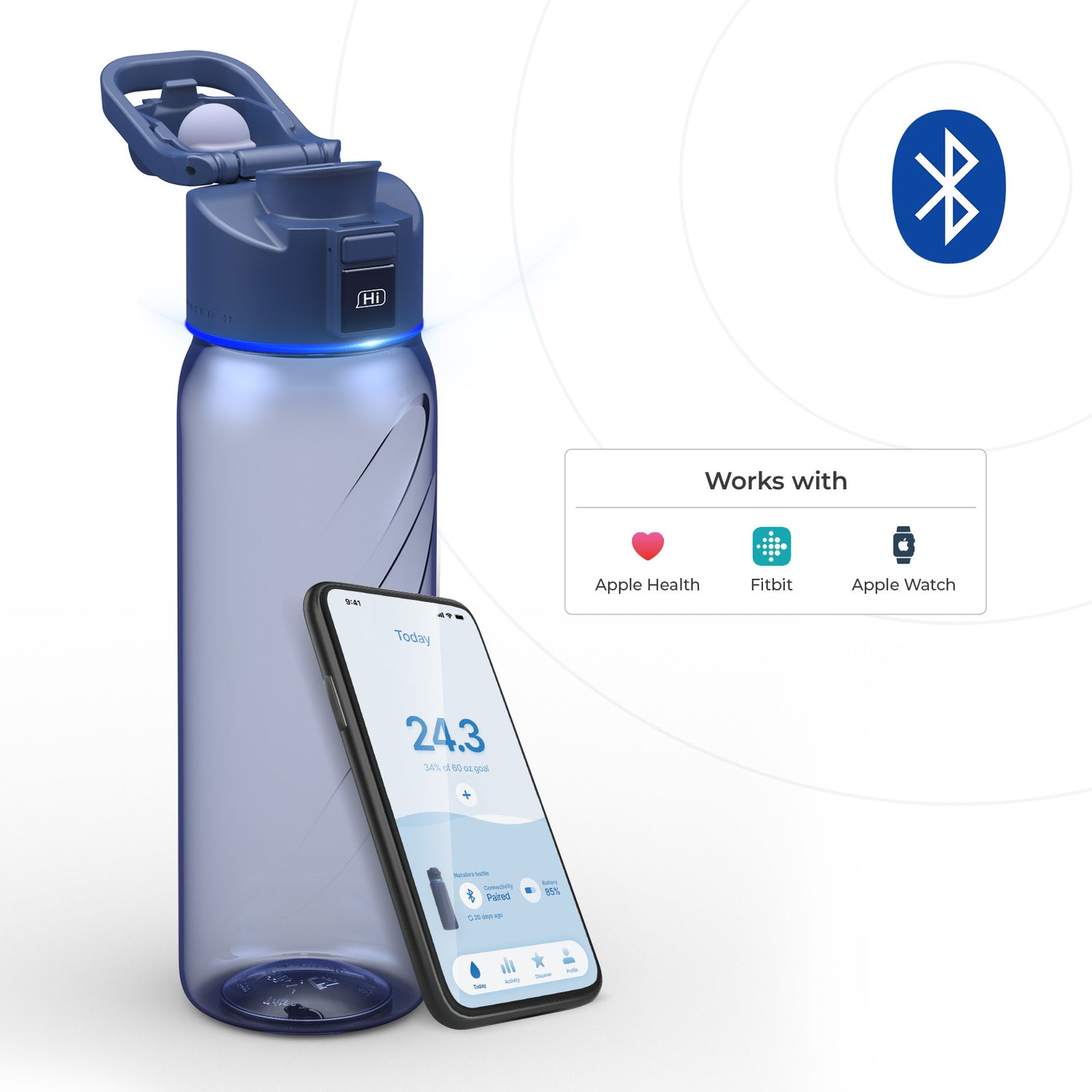 This product seamlessly syncs with Apple Health, Fitbit, and Apple Watch to track your fitness data. It maintains a stable connection within a 30-foot Bluetooth range.