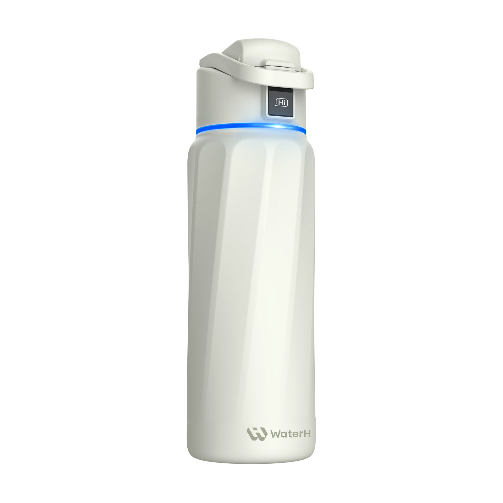 A white smart water bottle with a blue lid and blue LED light, featuring a hydration tracking app and insulation.