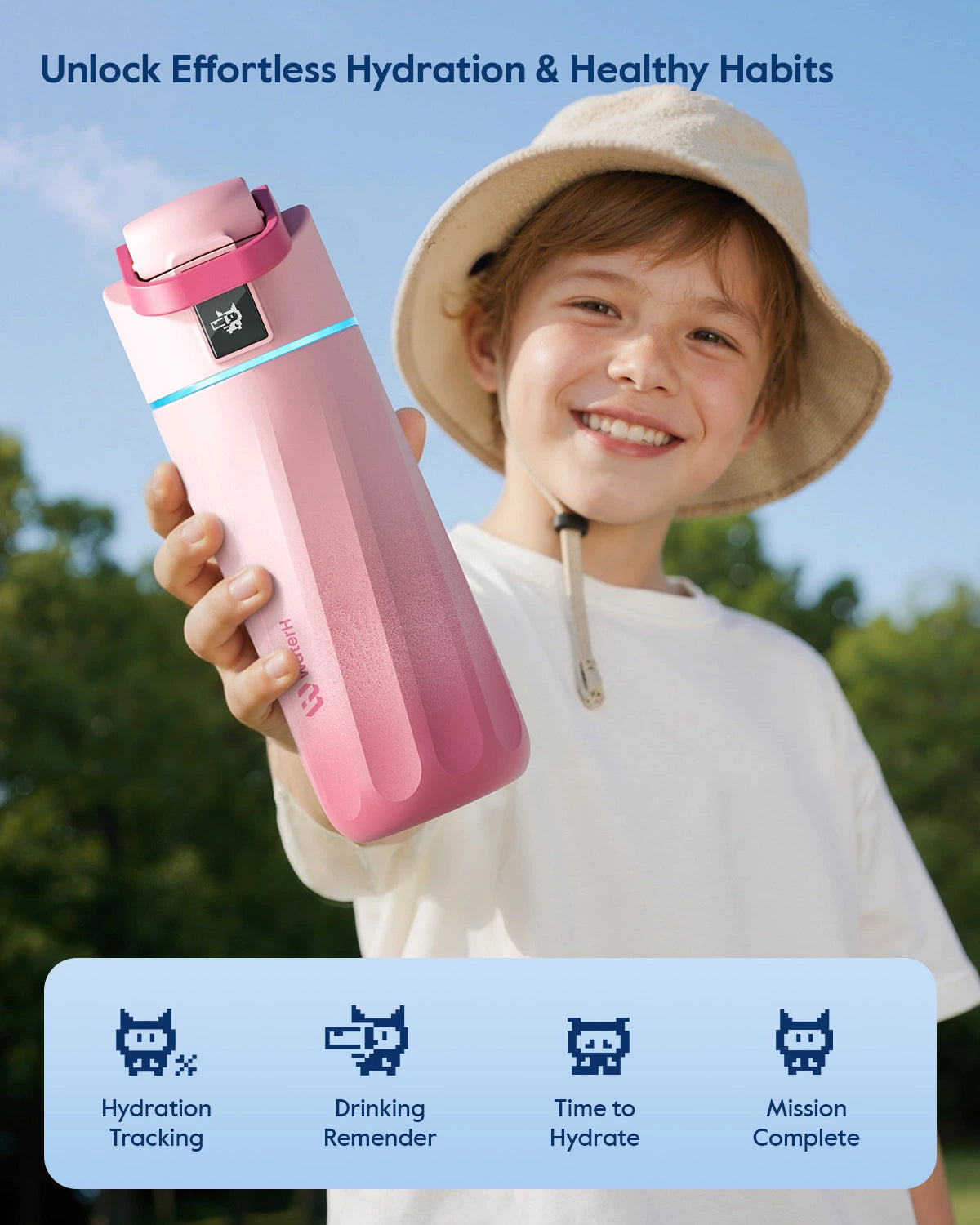 Child holding a pink water bottle 