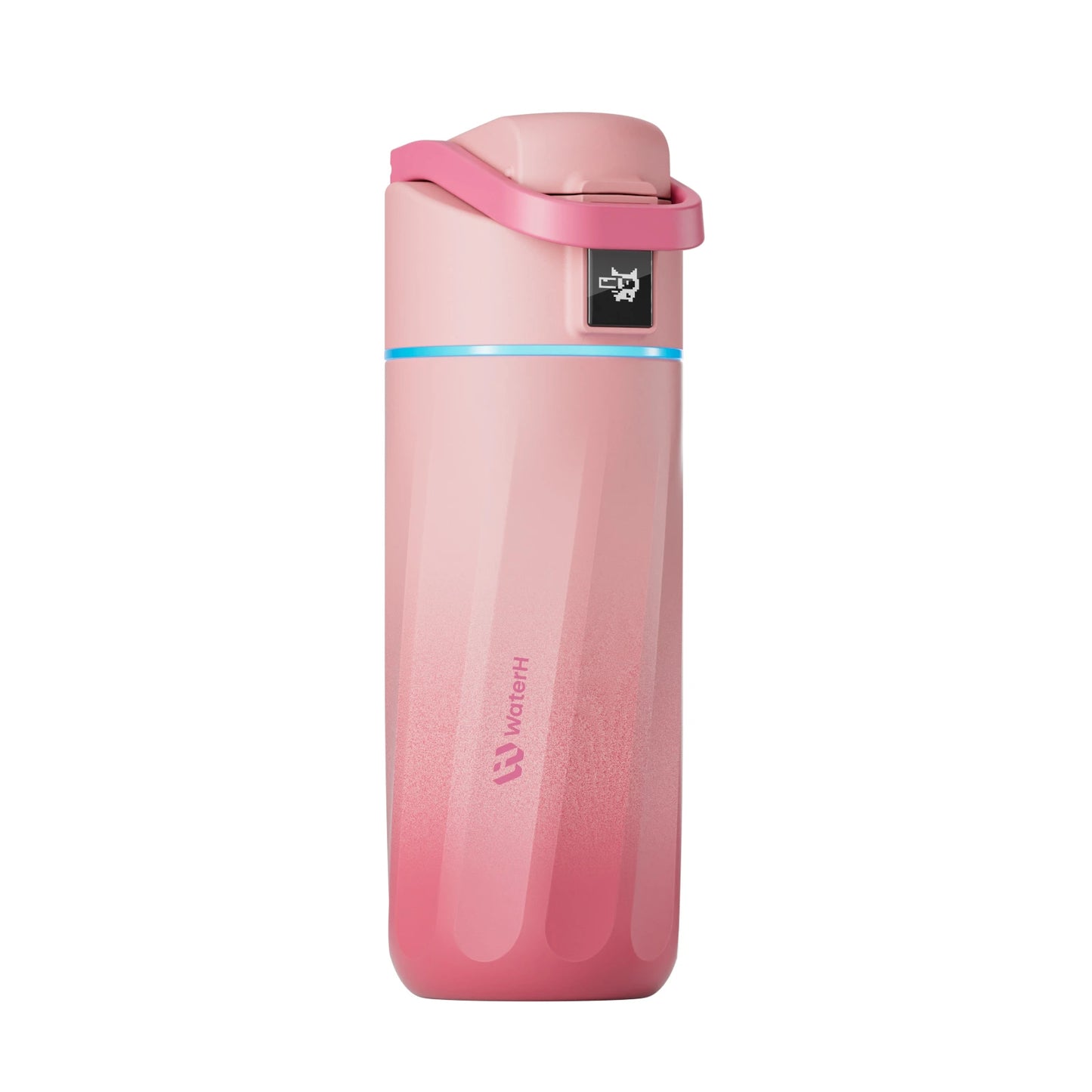 Pink water bottle with a visible brand logo 