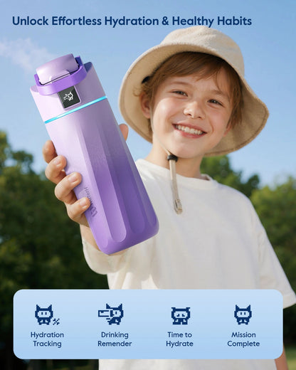 Child holding a purple water bottle with features highlighted background