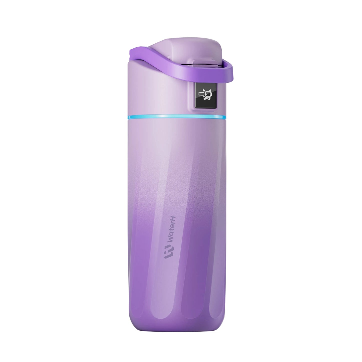 Purple gradient water bottle with a logo 