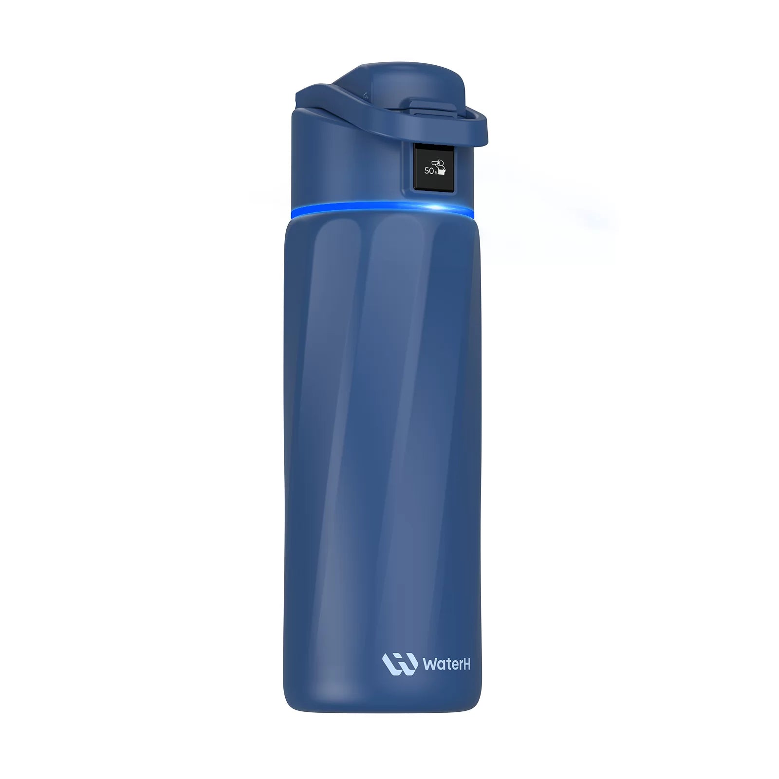 A white smart water bottle with a blue light ring around the lid and a digital display