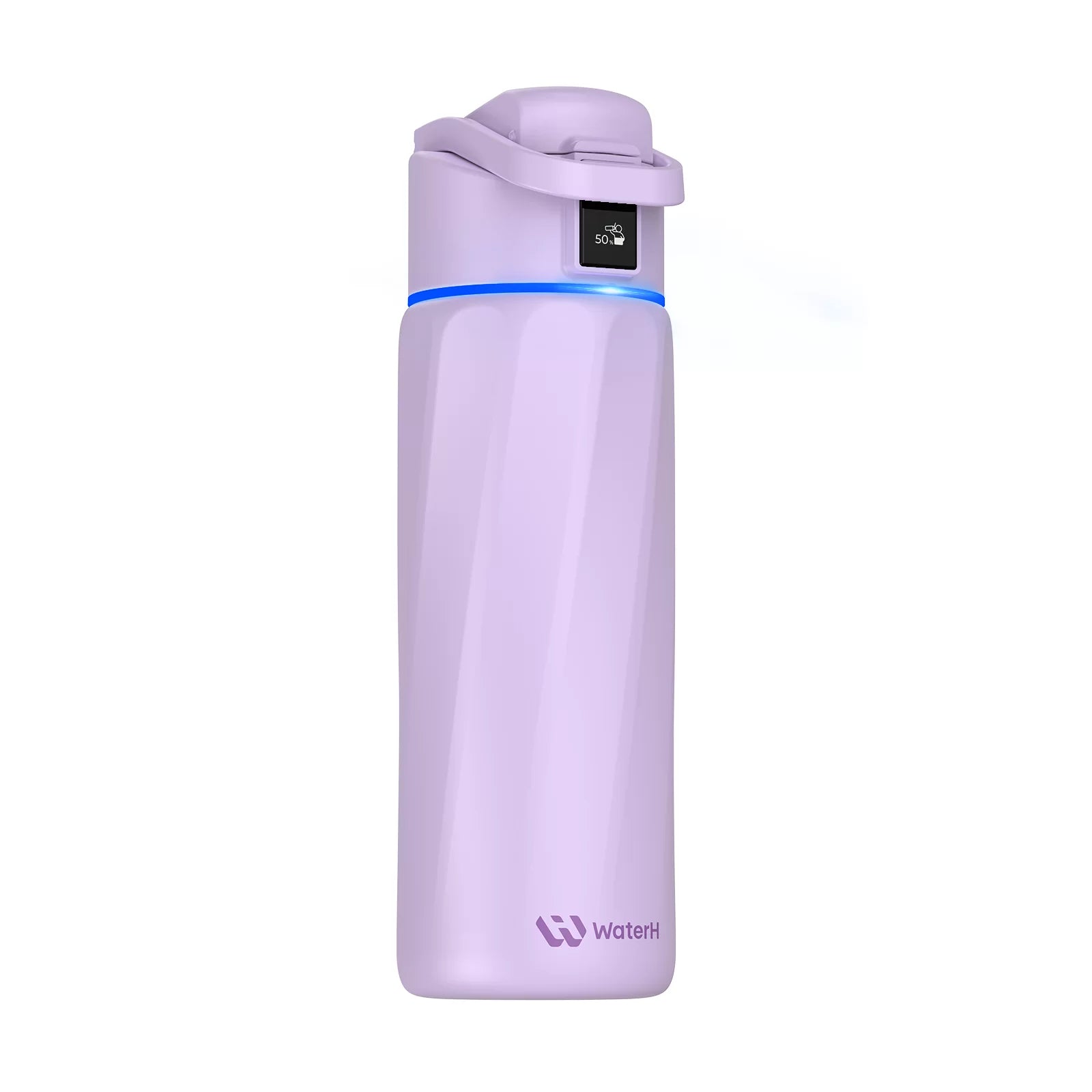 A white smart water bottle with a blue light ring around the lid and a digital display